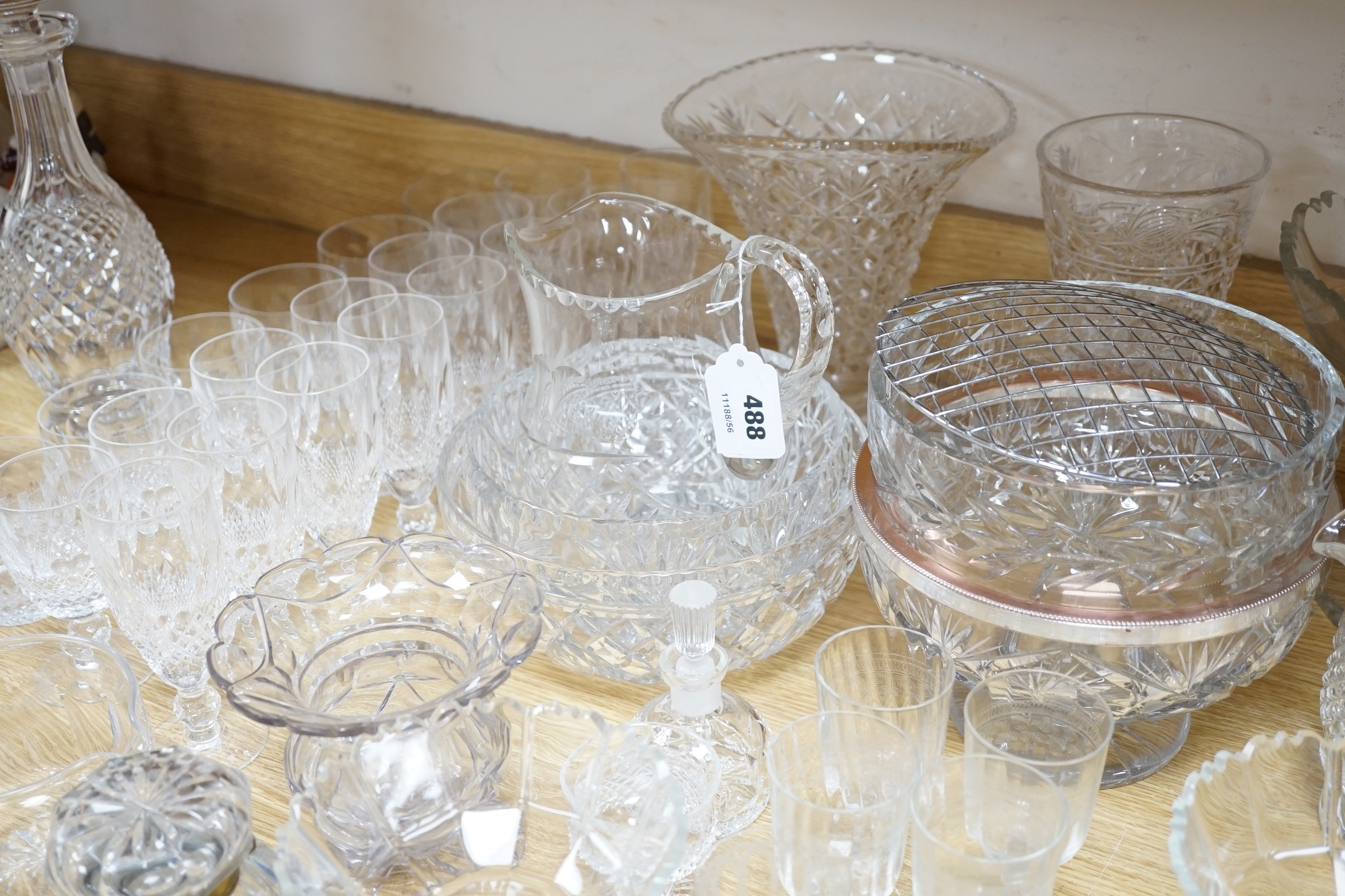 A Waterford cut crystal ‘’Colleen’’ pattern part suite of drinking glassware, together with a matching water jug and decanter and other glassware